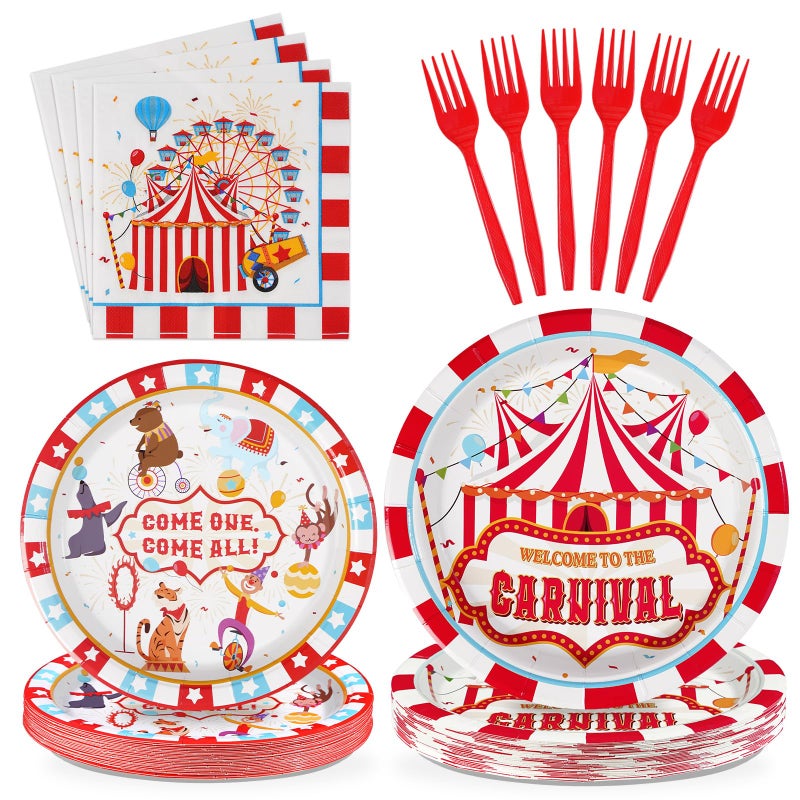 Grencian 96Pcs Carnival Party Decorations Carnival Circus Plates and Napkins Disposable Circus Theme Birthday Paper Tableware Set for Birthday Baby Shower Party Supplies, Serves 24 - Image 1